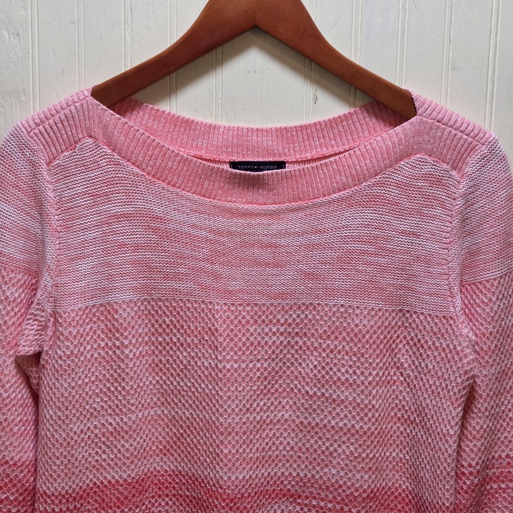 Tommy Hilfiger Sweater Tunic Womens Small Pink Waffle Knit Boat Neck 3/4 Sleeve